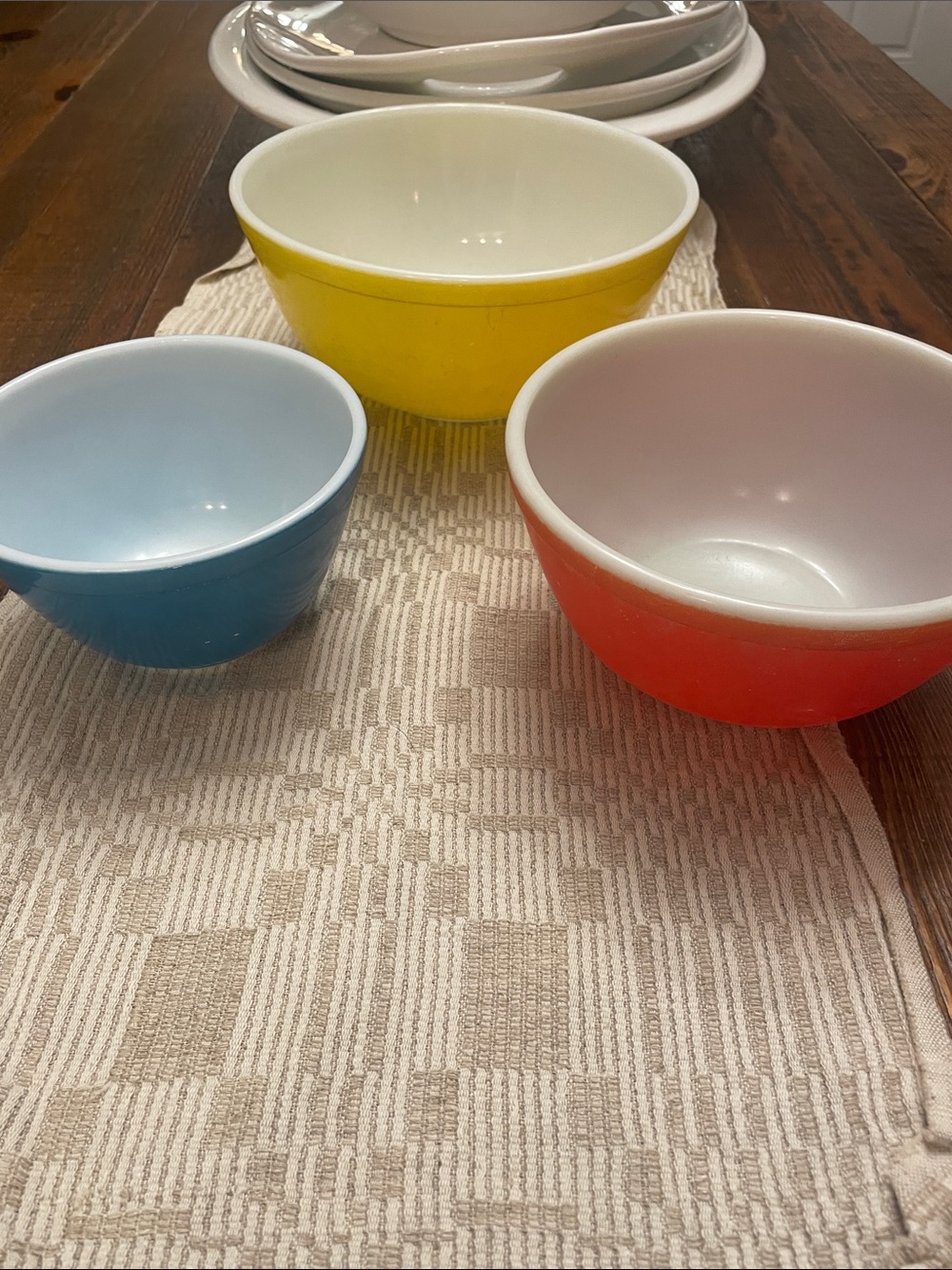 Vintage Pyrex Bright Blue, Yellow & Orange Mixing Bowl Trio
